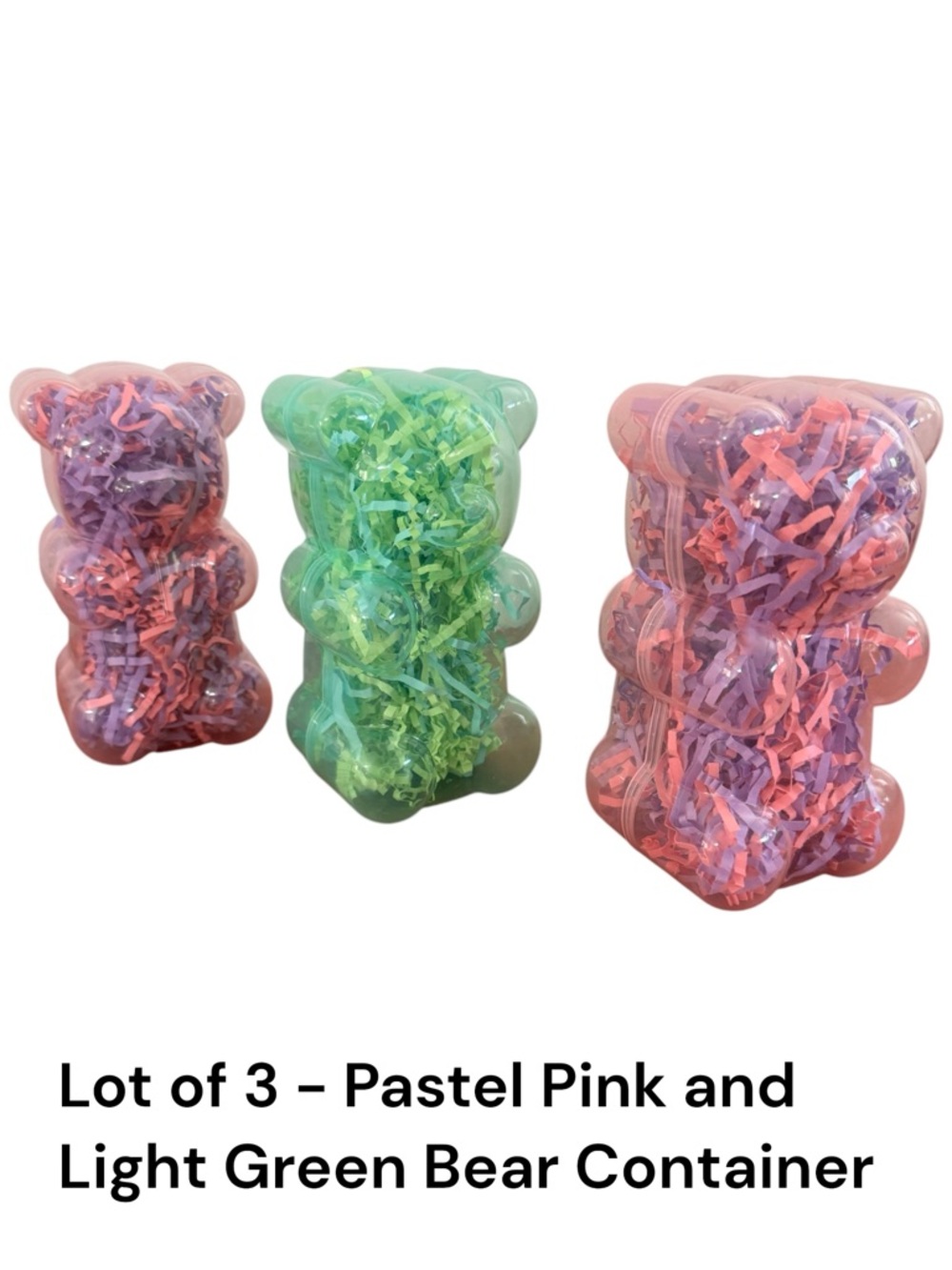 Lot of 3 - Pink and Light Green Gummy Bear Container w/ Shredded Paper